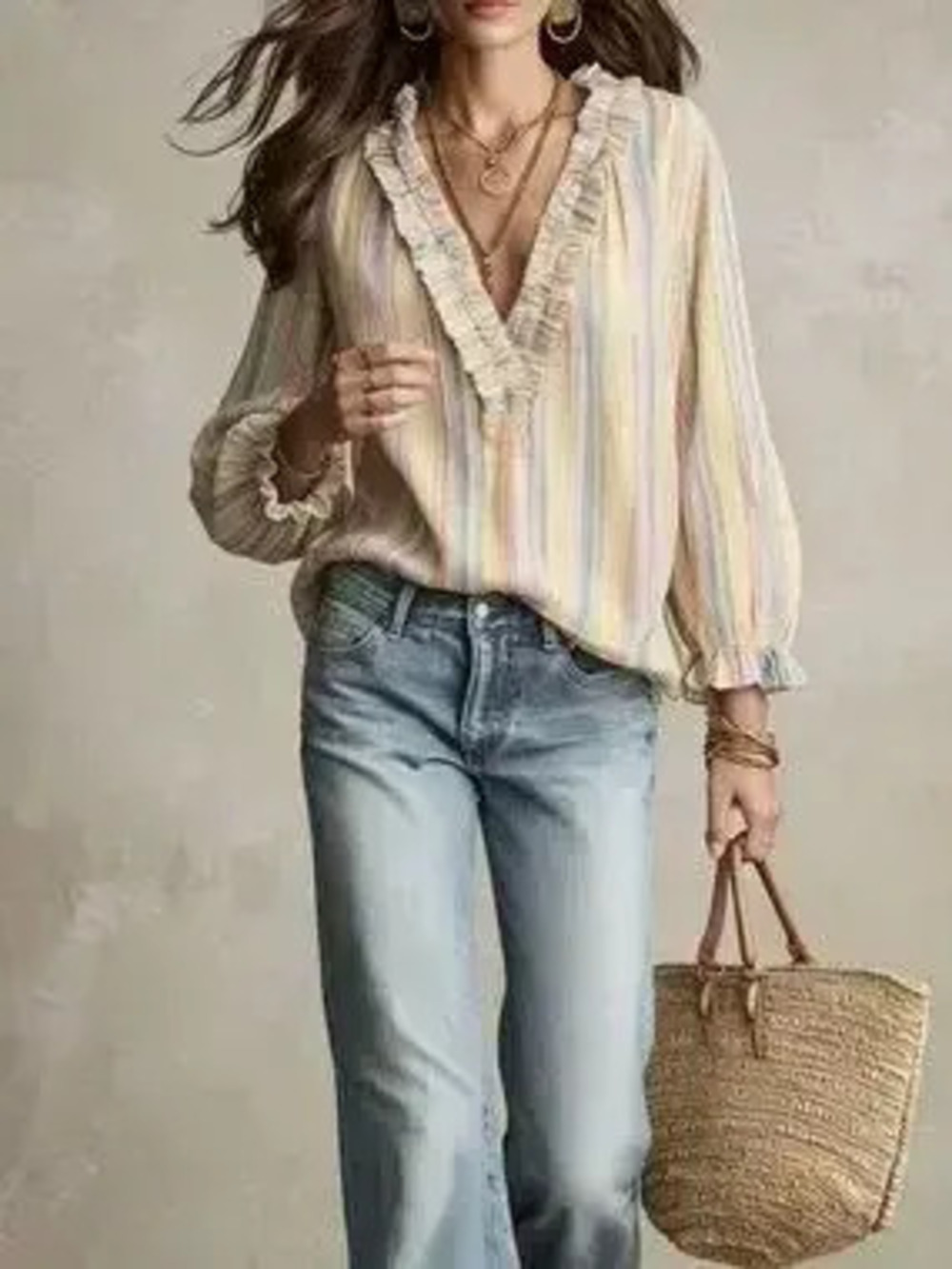 Striped Ruffle-Trim V-Neck Blouse - Picture 2 of 9